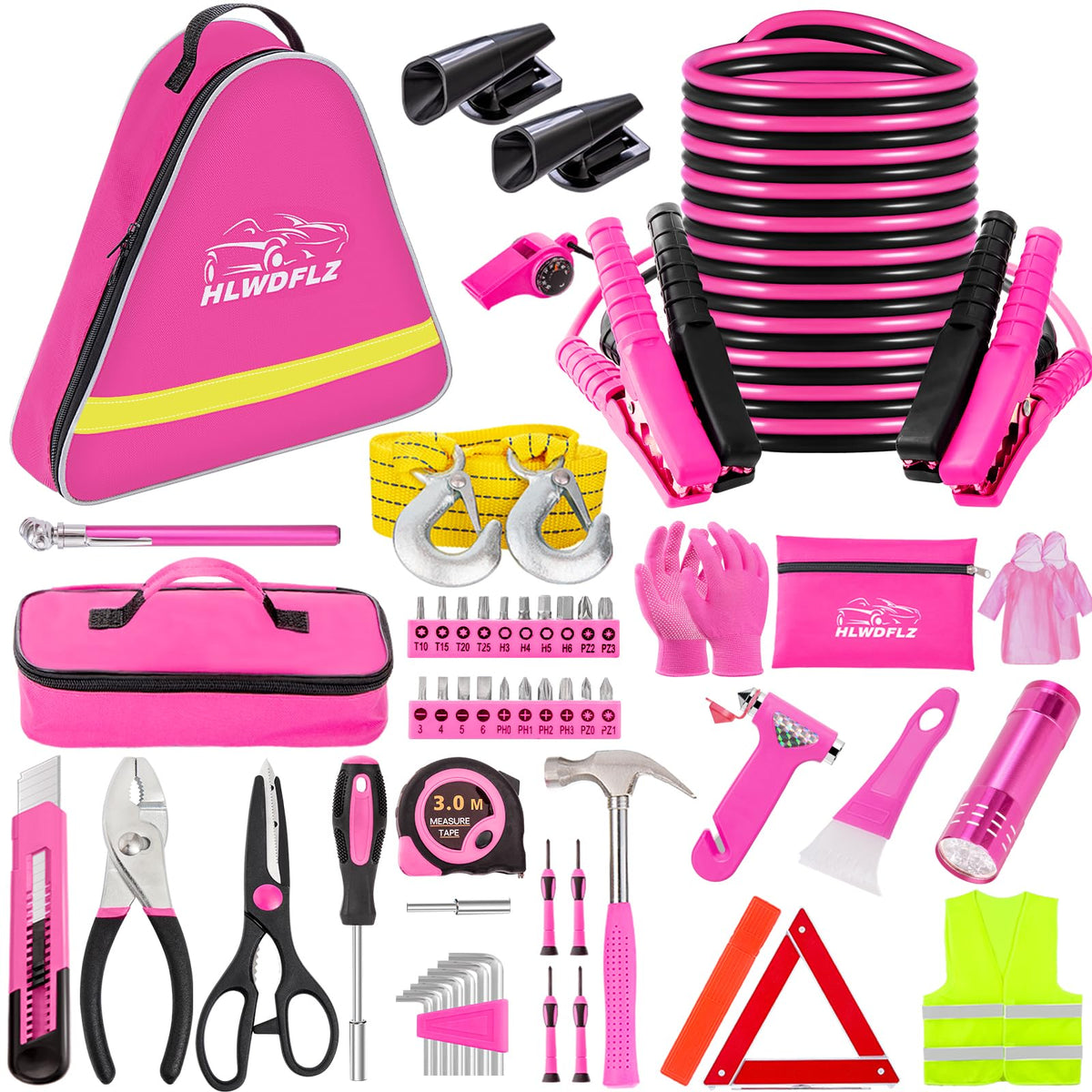 HLWDFLZ Car Roadside Emergency Kit - Pink Roadside Assistance Emergency Kit with Jumper Cables, Auto Tool Set, Deer Whistles, Winter Car Safety Roadside Assist Kit for Teen Girl and Ladies