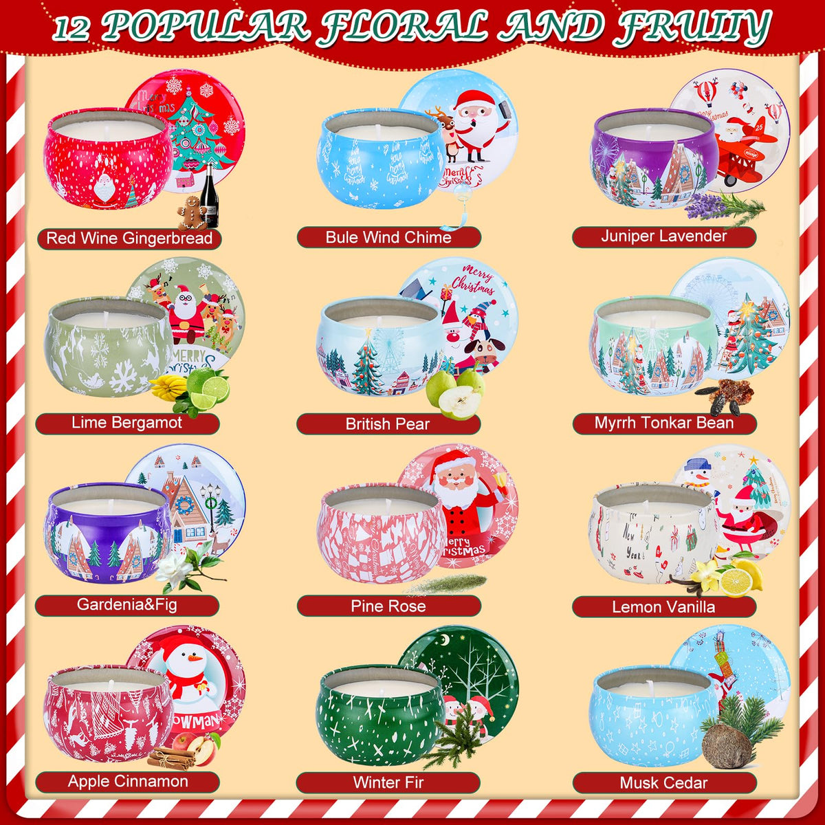 12PCS Christmas Scented Candles Gift for Women - Aromatherapy Candle for Home - 3.4oz Soy Wax Birthday Gifts for Mother, Friend, Wife, Sister, Xmas Decorations