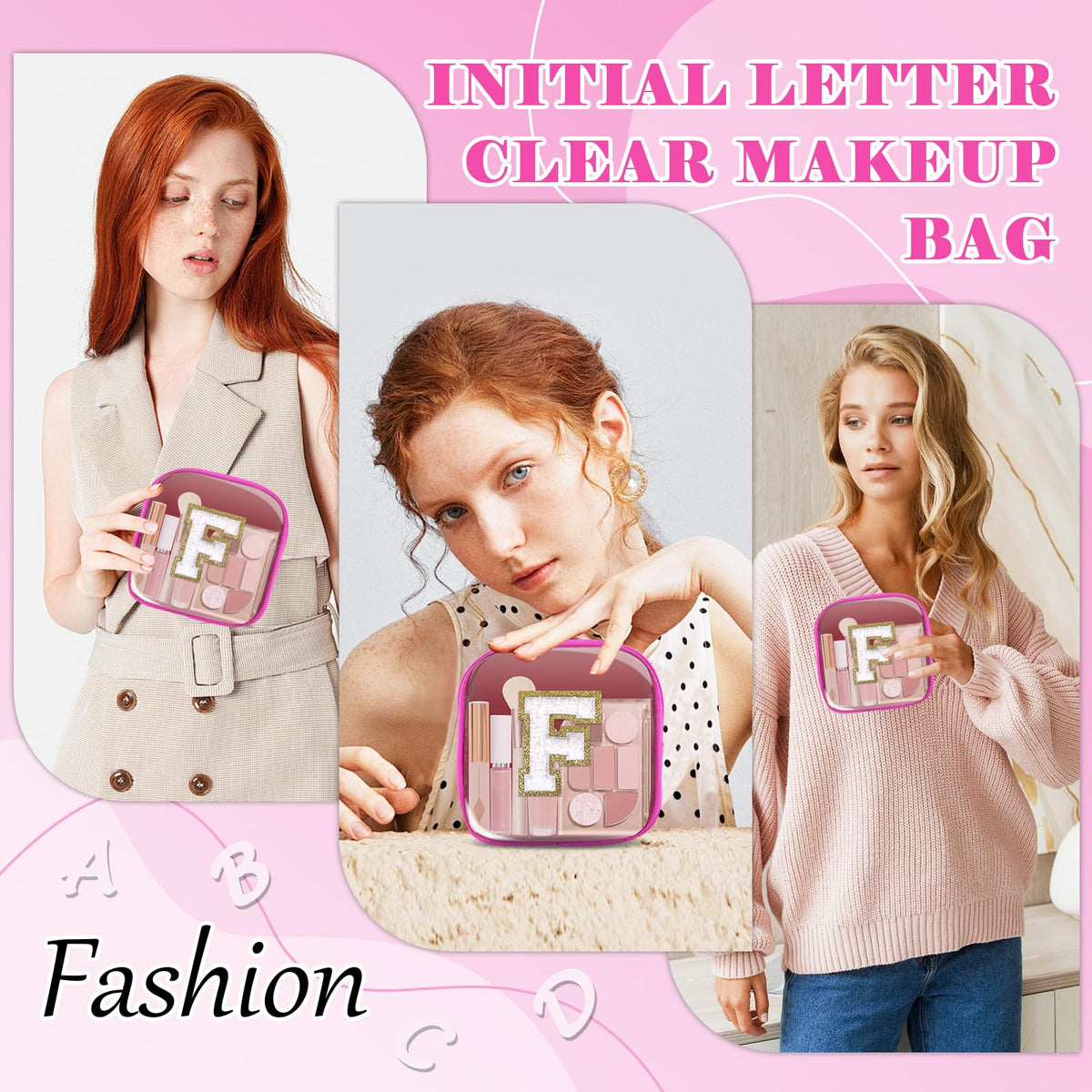 Personalized Initial Letter Clear Preppy Makeup Bag,Mini Nylon Chenille Letter Cosmetic Bag Cute Zipper Pouch Coin Purse for Teen Girls,Portable TSA Approved Travel Essentials Bag Gift for Women,F