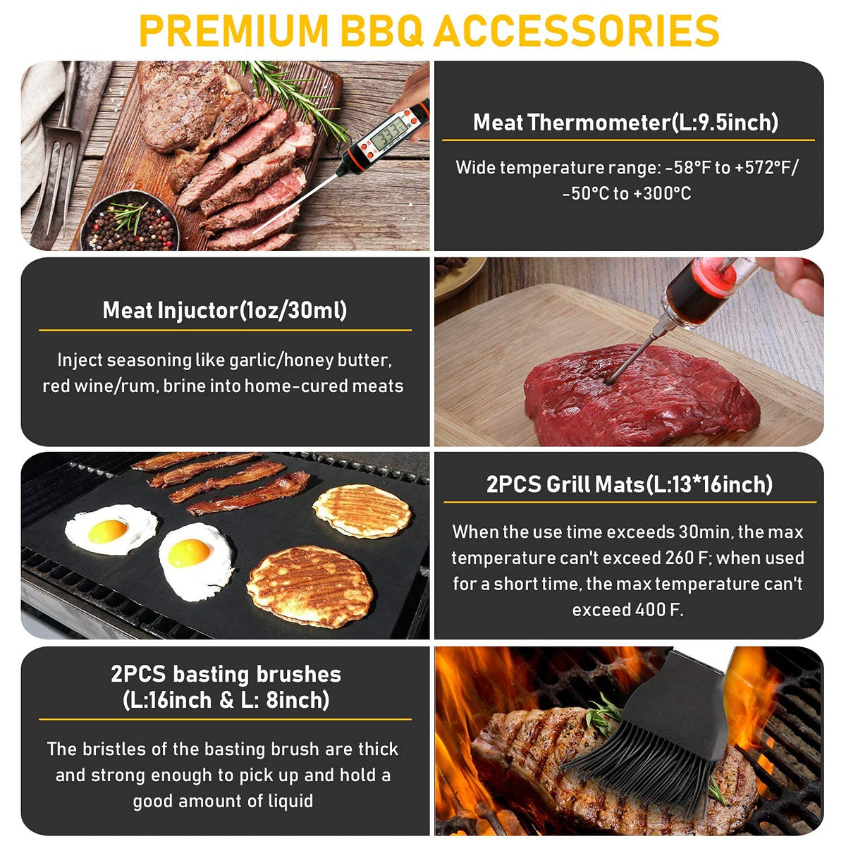 34Pcs Grill Accessories Grilling Gifts for Men, 16 Inches Heavy Duty BBQ Accessories, Stainless Steel BBQ Tools with Thermometer, Grill Mats for Backyard, BBQ Set for Men Women