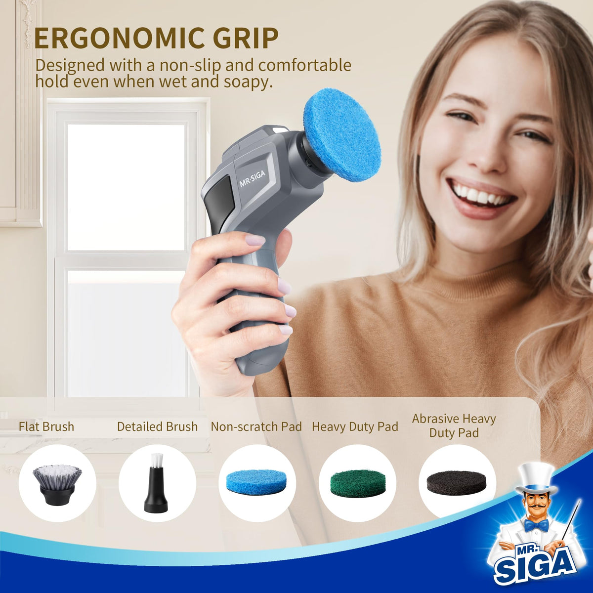 MR.SIGA Electric Spin Scrubber for Kitchen and Bathroom Cleaning, Waterproof Rechargeable Cordless Spin Scrubber with 5 Replaceable Cleaning Brushes and Pads