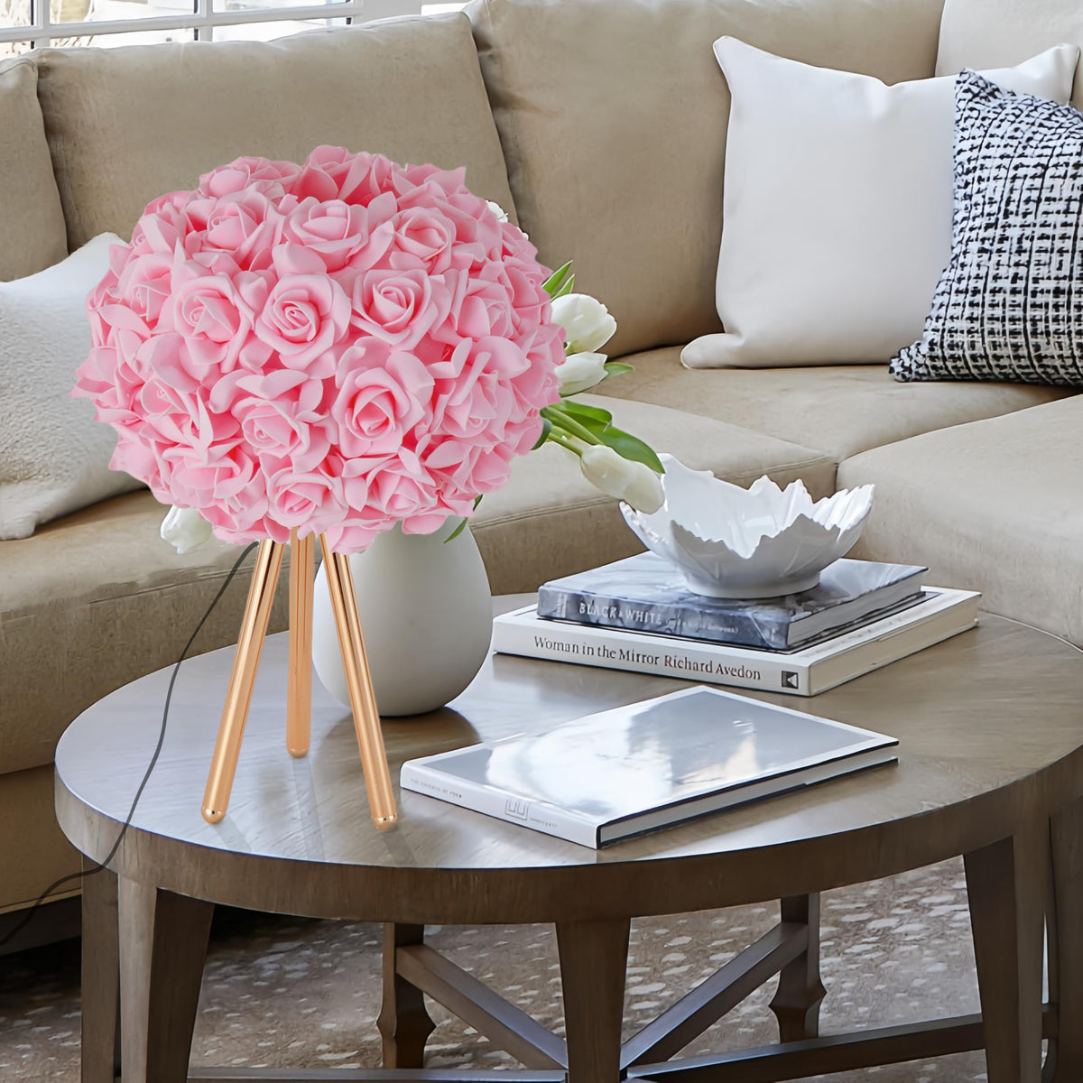 ZYLEISENBAO Pink Rose Flower Lamp Cute Table Lamp Modern Bedside Lamp Romantic Nighstand Light for Girl Princess Gold Tripod for Bedroom Living Room Entry Office Wedding Decoration Gift