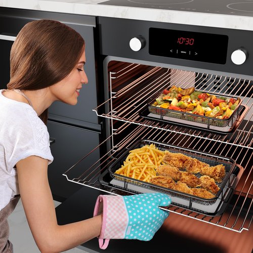 Air Fryer Basket, OPENICE 2 Set Air Fryer Pan and Crisper Tray for Oven, Non-stick Oven Air Fryer Basket for Baking and Crispy Foods - Black