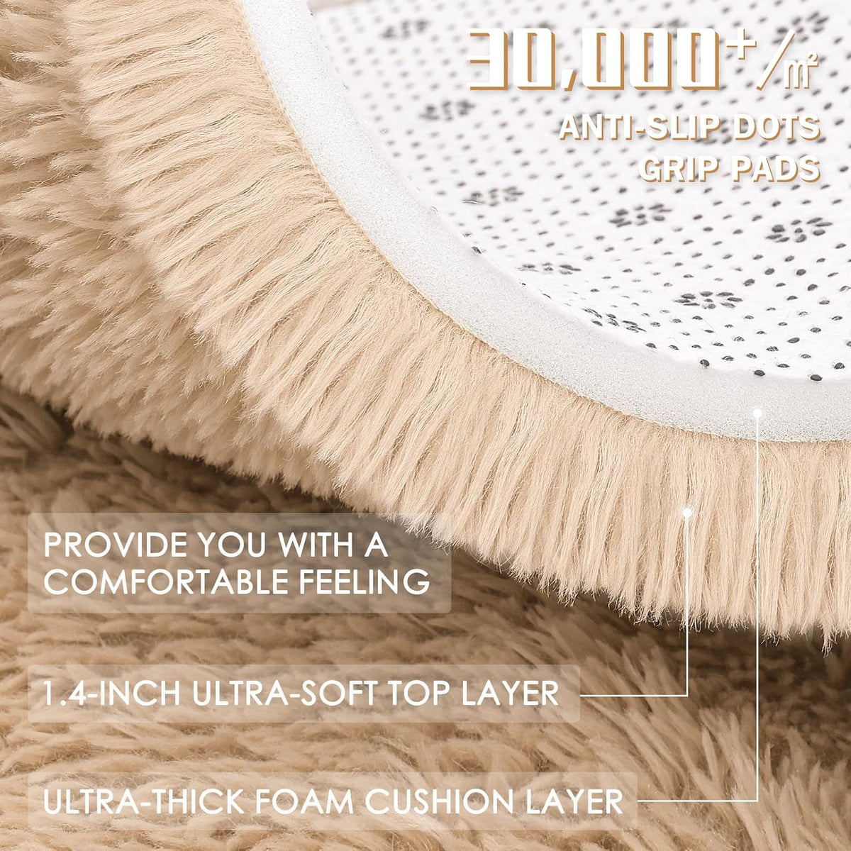 OLANLY Soft Fluffy Shaggy Bedside Rug - Machine Washable 3x3 ft Entryway Carpet | Beige Decor for Kids' Rooms