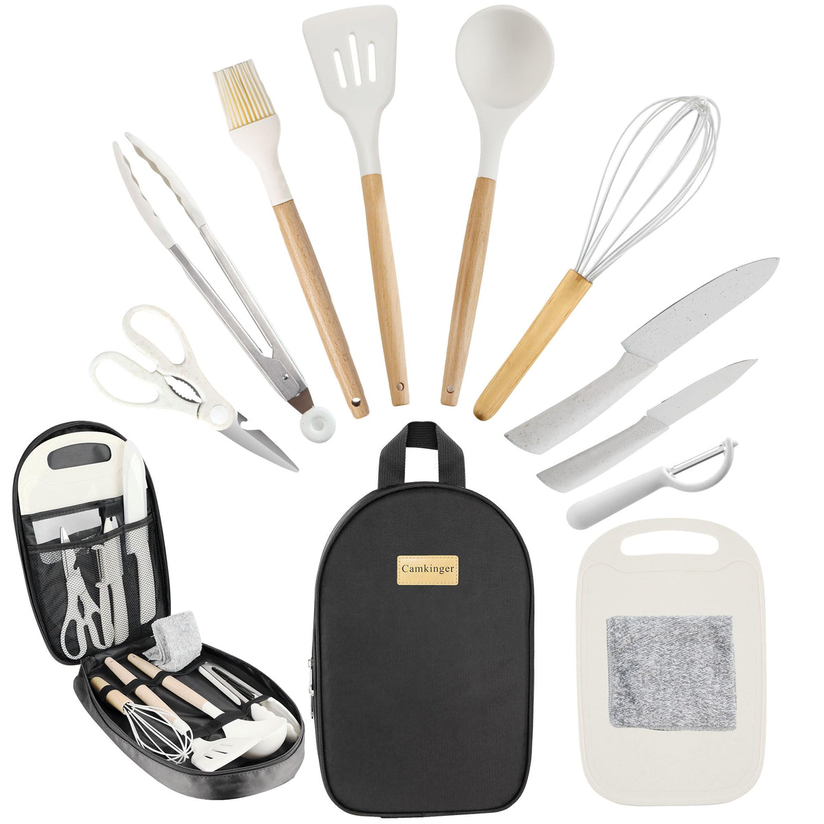 Camkinger Camping Accessories Kitchen Cooking Utensils Set - Portable Outdoor Camp Cookware Set, Silicone Camper Essentials Gear Must Have Supplies for Travel RV BBQ Grill Picnic Hiking