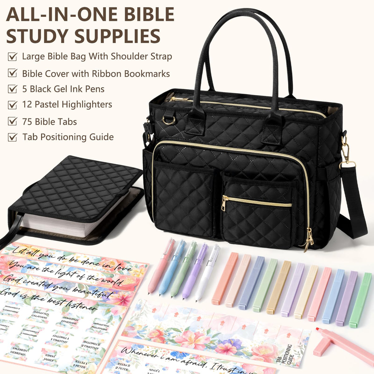 Large Bible Bag with Bible Cover Case for Women, Quilted Church Tote Bag Carrying Case w/Shoulder Strap Bible Study Supplies Journaling Kit Accessories Mothers Day Christian Gift for Women Mom Teacher