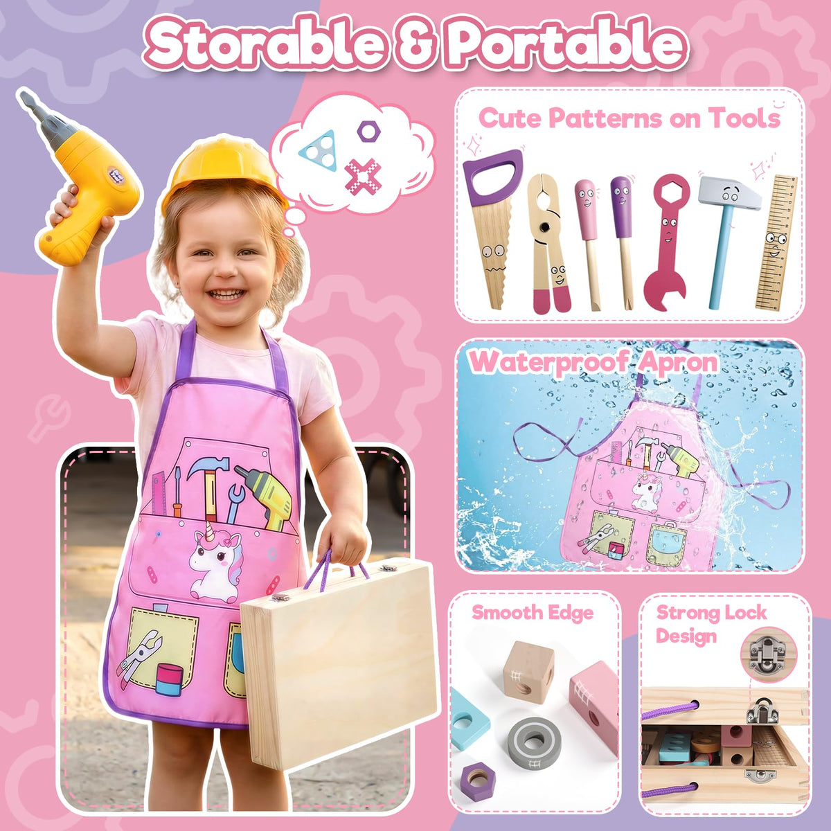 TONZE Pink Wooden Kids Tool Set with Drill 44Pcs Educational Montessori Toys for 3 Year Old Girl, STEM Toys Toddler Tool Set with Apron & Box Birthday Gifts for 3 4 5 6 Year Old Girls