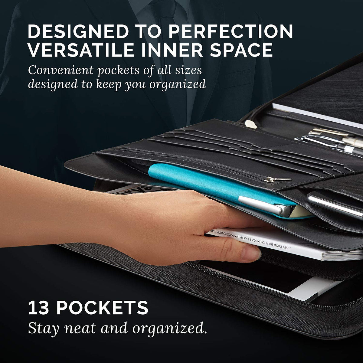 NERO MANETTI- Zippered Vegan Leather Padfolio/Portfolio Pad Holder-Business PU Leather Notepad Folder for Resumes, Interviews, iPad/Tablet, Phone, Legal Pad Notebook Executive Binder for Women, Men