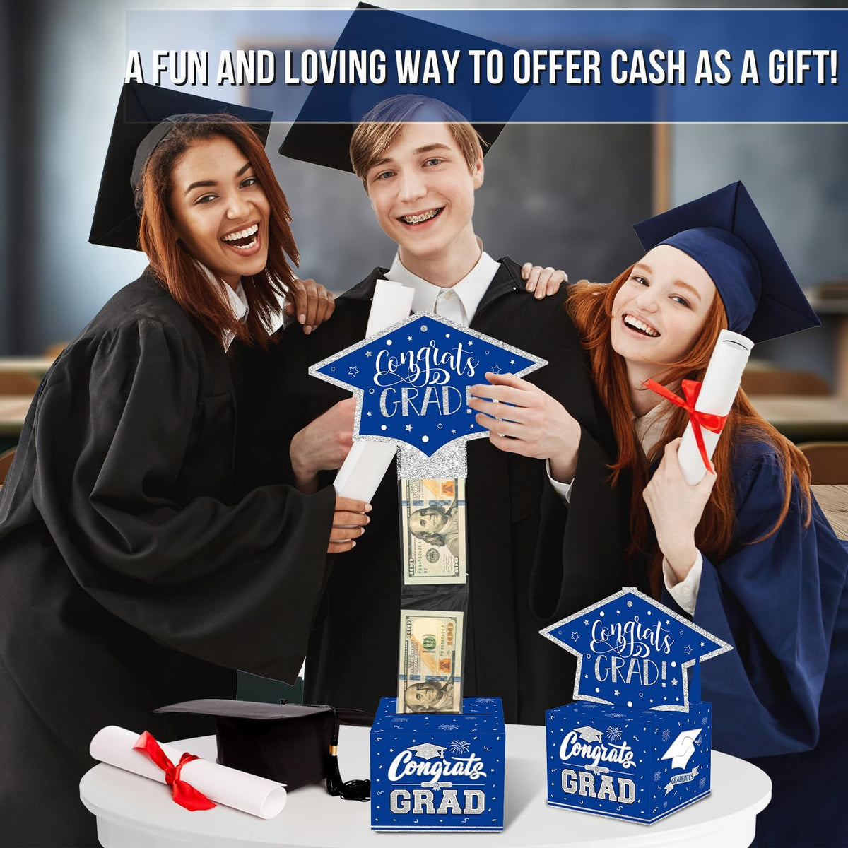 VABAMNA Class of 2026 Graduation Money Box for Cash Gift Pull, Funny Surprise DIY Cash Gift Idea Kit Graduation Money Holder for Boys Girls College High School Congrats Grad Party Favors, Blue Silver