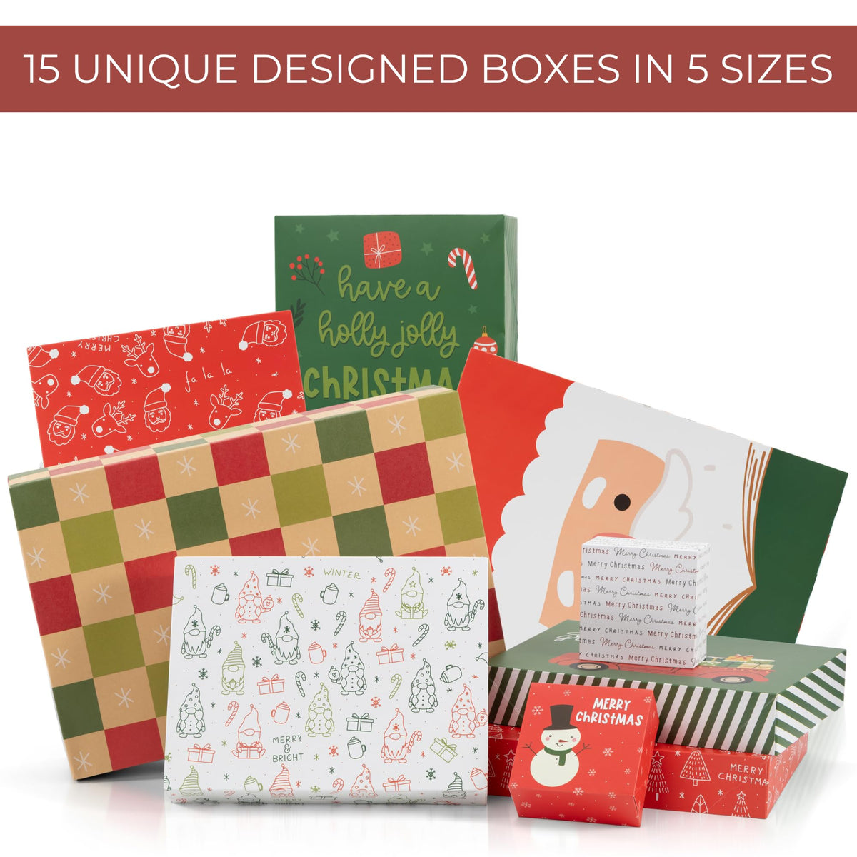 ZICOTO Beautiful Christmas Gift Boxes Set of 15 - Stylish Holiday Present Boxes with Assorted Festive Designs for Easy Christmas Gift Wrapping - Perfect Variety Set for Shirts, Clothing and More