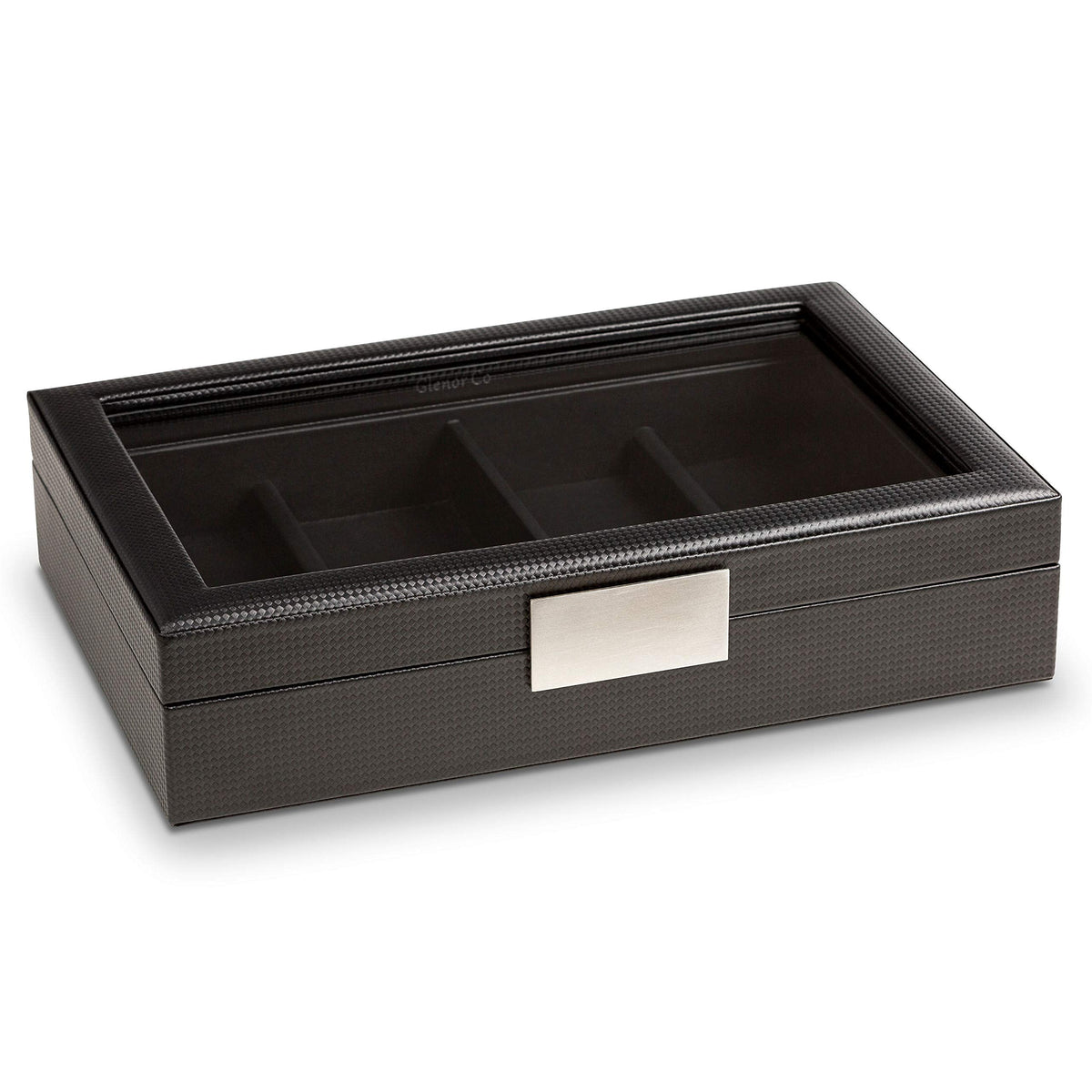 Glenor Co Sunglasses Organizer Case - 8 Slot Storage Holder to display Sunglass/Eye Glasses - Modern Box with Clear Glass Top and Metal Buckle for Men and Women - Carbon Fiber Leather Design - Black