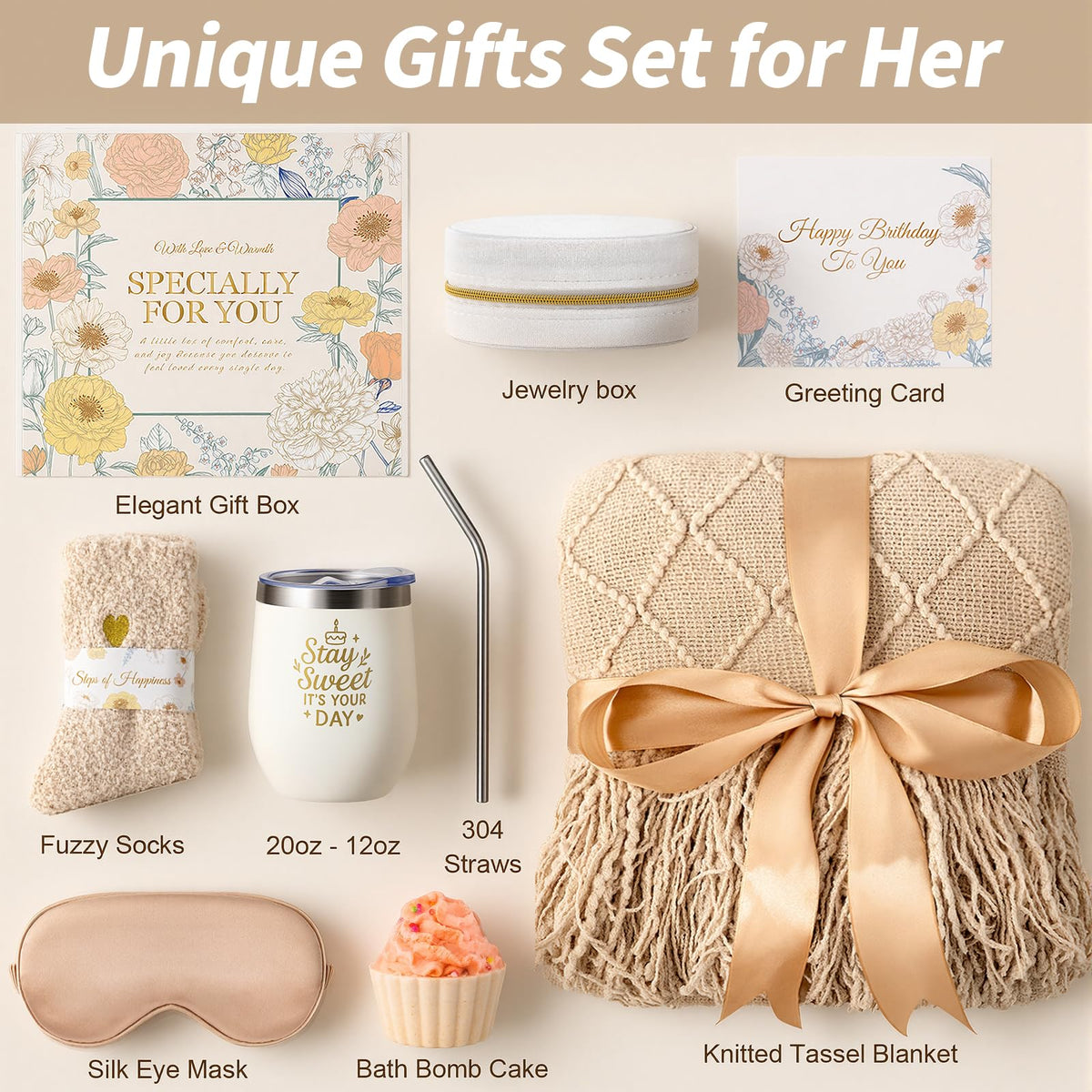 YEERSWAG Birthday Gifts for Women, Self Care Package Unique Happy Birthday Basket for Her Mom Best Friends Wife Sister Boss, Get Well Soon Gift Baskets Spa Care Relaxation Sets, Khaki