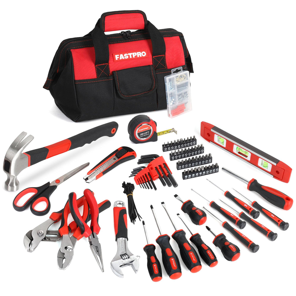 FASTPRO 220-Piece Home Tool Set, Household Repairing Tool Kit with 12-Inch Wide Mouth Open Storage Tool Bag, Red