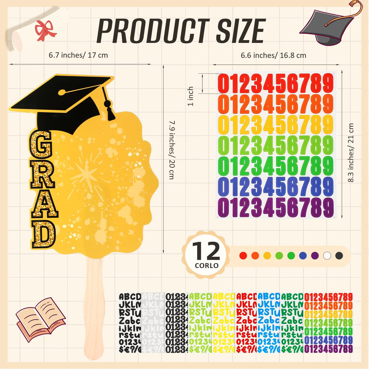 Lemosae 12 Pcs Graduation DIY Paper Fans Handheld Set Grad Face Fans with Number Alphabet Stickers Class of 2026 Grad Photo Props for Graduates Gifts Graduation Party Souvenirs Supplies