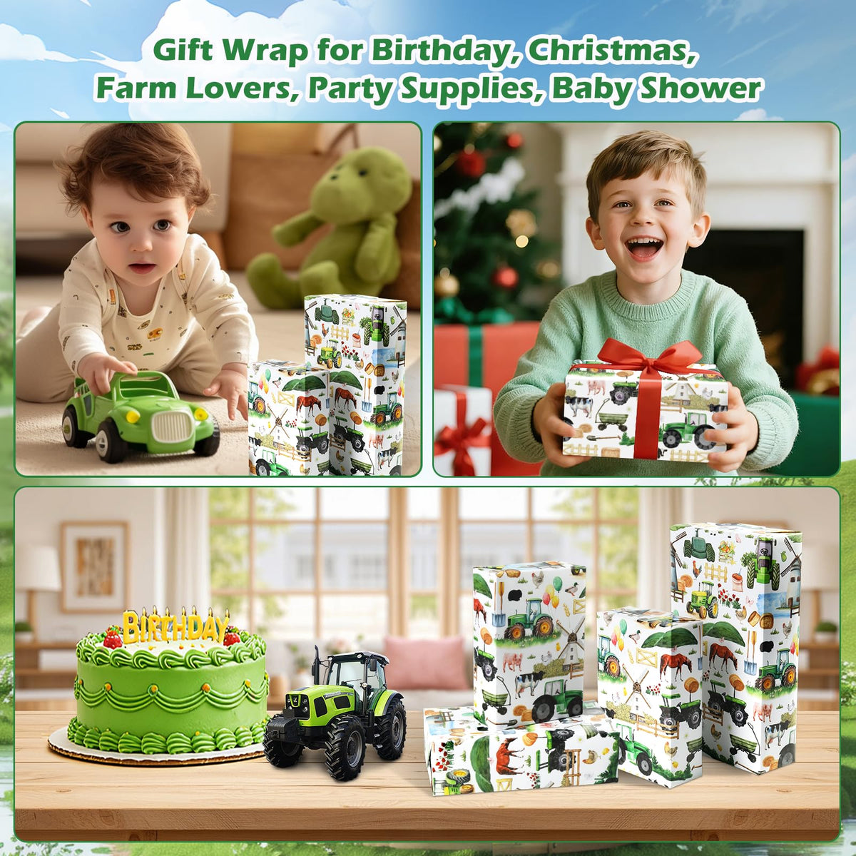 Pineraap Farm Birthday Gift Wrapping Paper Roll, 17 Inch × 16.4 Feet, Farm Animal Gift Wrap, Green Tractor Birthday Wrapping Paper for Farm Lovers Baby Shower Holiday Rustic Party Decoration