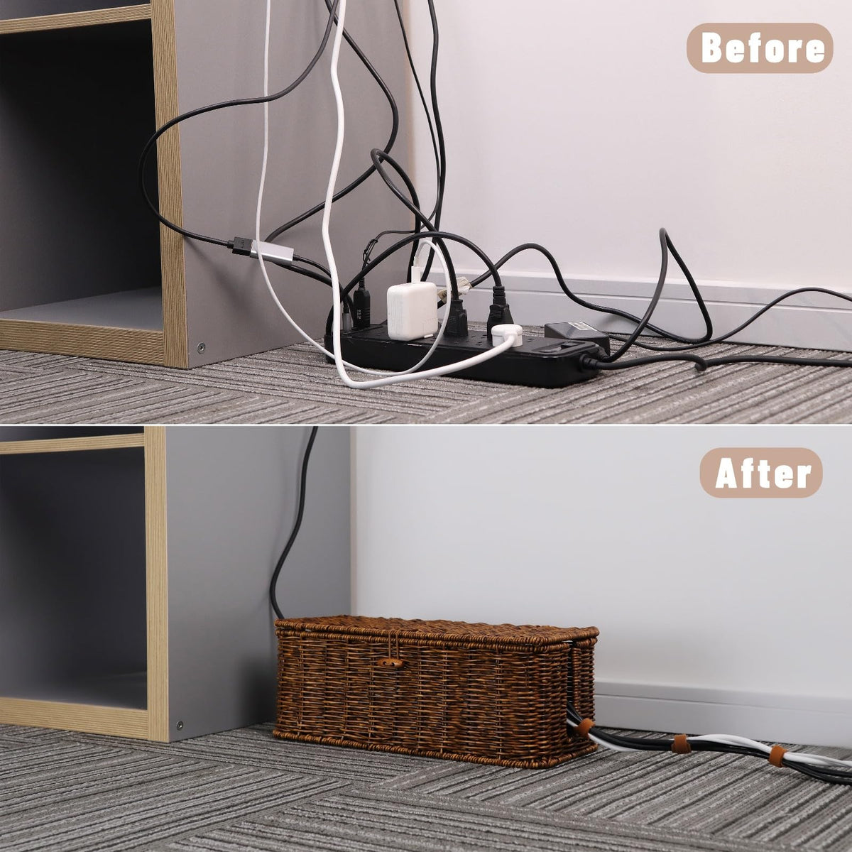 BROWNLILY Rattan Wire Storage Box, Handmade Cord Organizer for Desk Cord Hider Outlet Covers Baby Proofing for Power Strip TV PC Router Charger Under Desk Cable Management Box