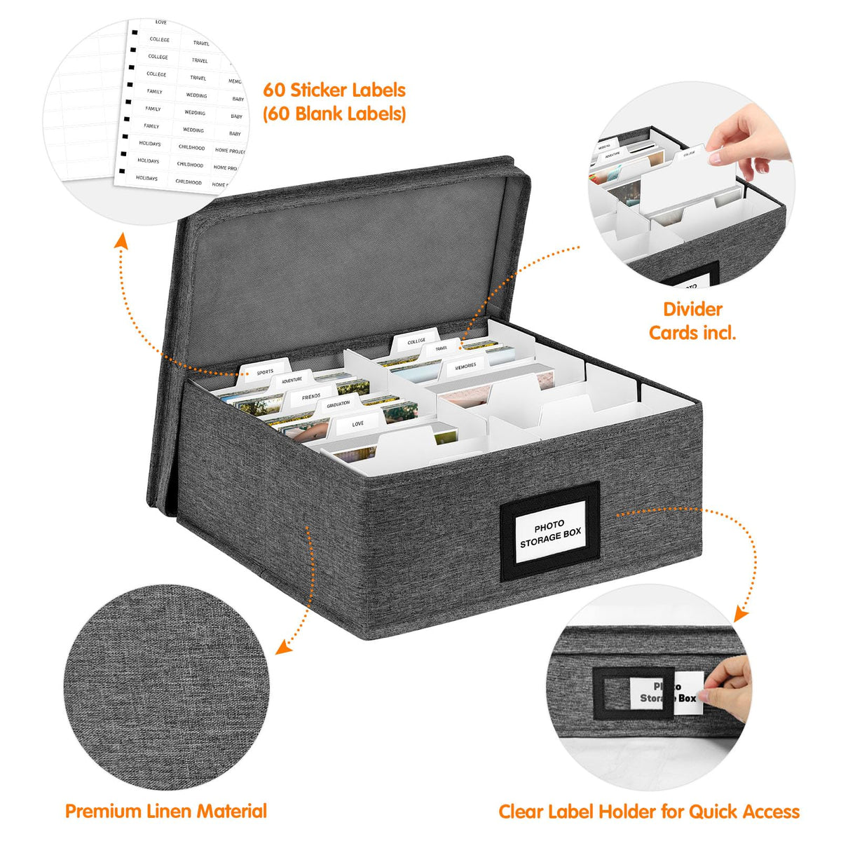 Photo Storage Box with Lid, Photo Organizer Box Fits Holds up to 1700 and 4x6 Pictures, with 8 Adjustable Dividers, 60 Labels, Photo Album Box for Envelopes, Scrapbooking, Recipes, Cards, Stamps