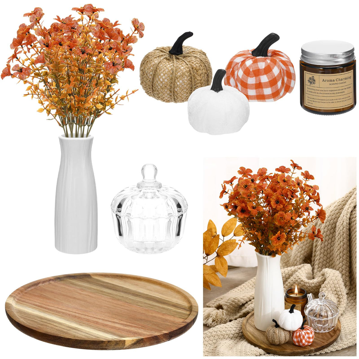 Pinkunn 10 Pcs Fall Wooden Decorative Tray Set with Round Wood Tray Scented Candles Burlap Faux Pumpkin Glass Pumpkin Sugar Bowl Artificial Fake Flowers Vase Autumn Decor Set for Thanksgiving Home