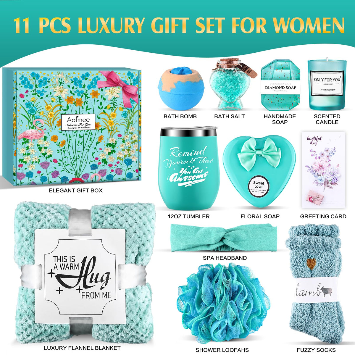 Aofmee Gifts Basket for Mother Wife Grandma Daughter Friends Sister, Happy Birthday Gifts for Women Mom Her, Blue Self Care Spa Relaxing Baskets for Birthday Mothers Day Christmas Valentines