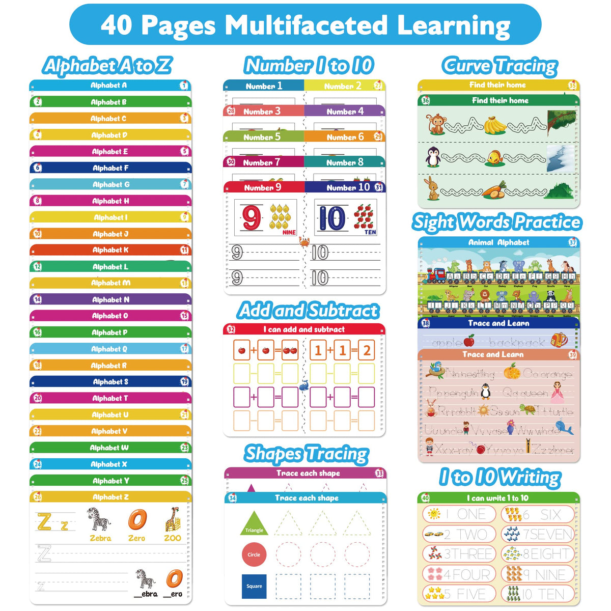 Handwriting Practice Tracing Books for Kids Ages 3-5, Montessori Preschool Learning Activity, Autism Educational Learn Number Letters Shapes Animal & Sight Words Workbook with 8 Dry Erase Markers