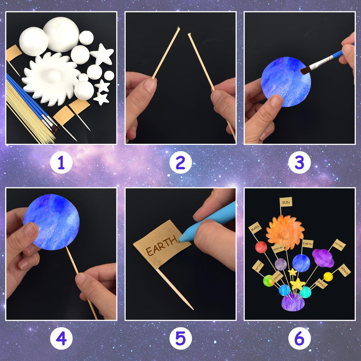 100 Pieces Solar System Model Foam Ball Kit Includes Mixed Sized Polystyrene Balls Toothpick Flag Bamboo Sticks Painting Brushes for School Science Project DIY Planet Handcraft
