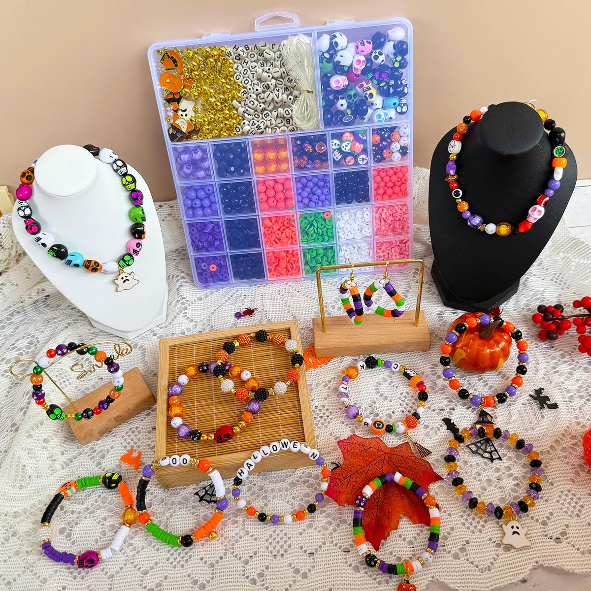 3140Pcs Halloween Beads for Bracelet Jewelry Making Kit, Halloween Clay Beads Black White Orange Purple Pumpkin Round Letter Star Skull Bead Bulk with Ghost Witch Hat Charm for DIY Craft Earring