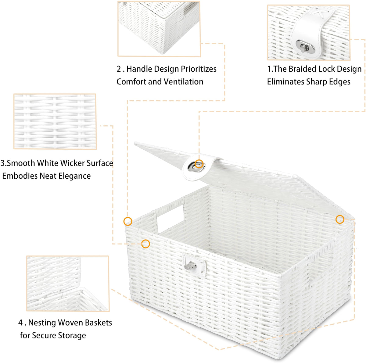 Honygebia White Wicker Storage Baskets - Set of 3 Decorative Nesting Boxes with Lids, Woven Basket with Lock & Handle, Organizer for Beauty Makeup Bathroom Decor