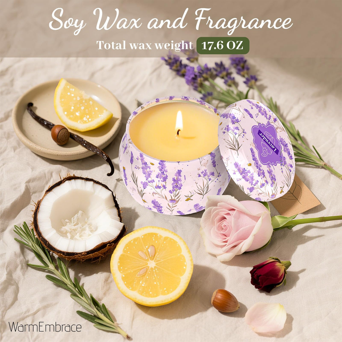 WarmEmbrace Scented Candles for Women, 4 Pack Soy Candle Set, 4.4OZ Candles for Home Scented, Candle Gift Set for Women, Lavender/Coconut and Christmas Holiday Candles, Valentines Day Gifts