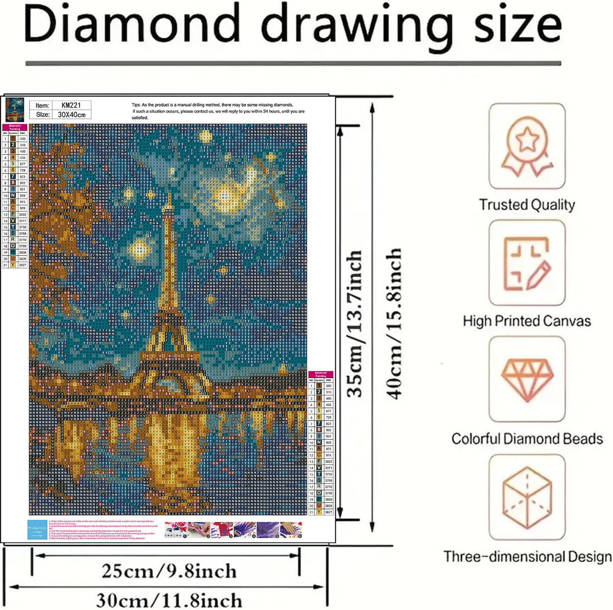 BYGFHLYW 5D Diamond Painting Kits for Adults, Landscape Eiffel Tower Diamond Art Kits for Adults Beginner, DIY Full Drill Diamond Dot Gem Painting for Home Wall Decor 12x16inch