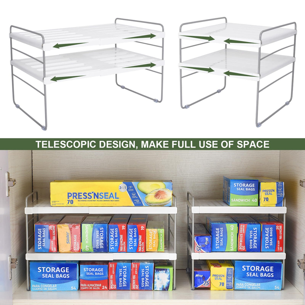 Pantry Organization and Storage for Kitchen - Expandable Kitchen Wrap Box Organizer Rack, Foil Organizer for Cabinet & Counter, Height & Width Adjustable Cupboard Storage Rack - (3 Tier 9.8 to 15.6"L)