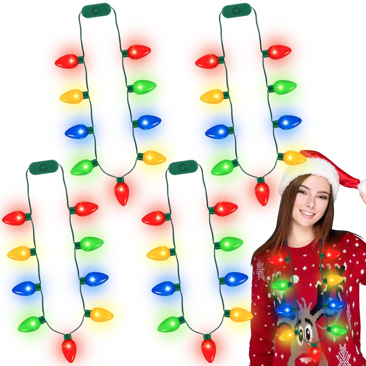 QZYL 16 Pcs Christmas Light Up Necklace, Colorful Christmas Necklaces Bulk, 9 LED Bulbs Novelty Christmas Lights with 3 Flash Modes, Perfect for Xmas New Year Eve Party Favor Supplies Accessories
