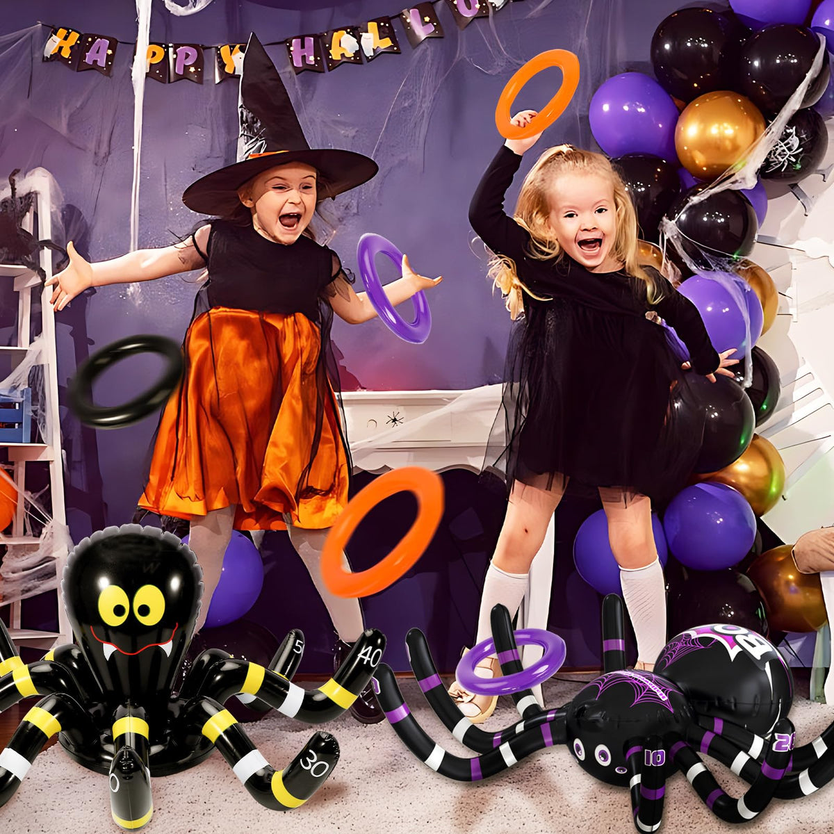 Max Fun Halloween Ring Toss Games for Kids, 2 Pack Inflatable Spiders Set Halloween Party Favor Supplies Holiday Carnival School Decoration Outdoor Indoor Spooky Creepy Game