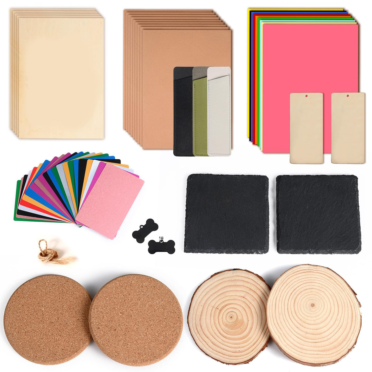 MiniStarCut 80 PCS Laser Materials Exploration Kit, DIY Laser Engraving Supplies Including Metal, Wood, PU Leather, Paper, Rock