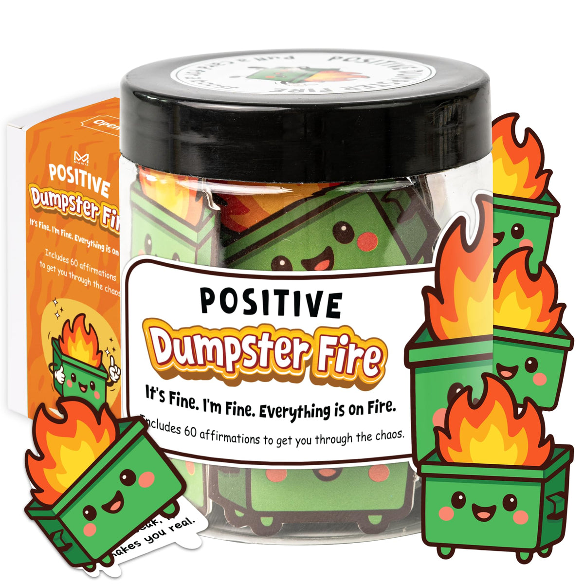 Positive Dumpster Fire Jar, Emotional Supports 60 Affirmation Cards for Women, Dumpster Fire Desk Accessories, Dumpster Fire Zen Garden, Coworker Gifts for Women, Social Worker Appreciation Gifts