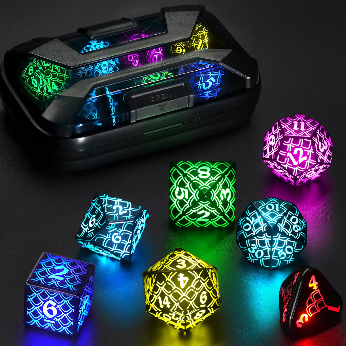 LED Dice with Charging Box，7 PCS RGB Light up Dice for Dungeons and Dragons, Polyhedral DND Dice Set for Tabletop Games Gifts（LL-RGB）
