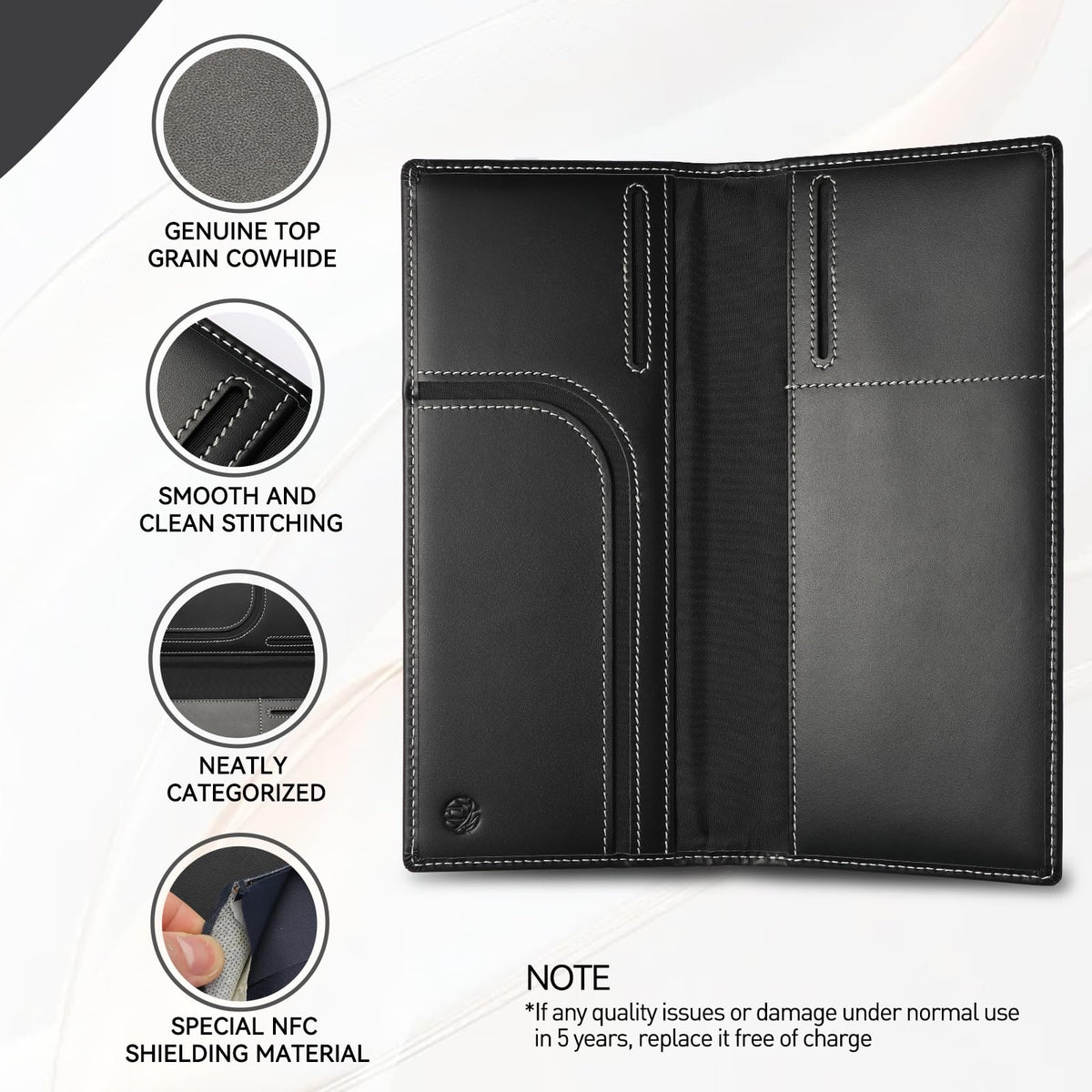 Travel Wallet Passport Holder RFID Blocking Genuine Leather Cover with Smart Tracker Slot RFID Passport Wallet for Family Use (Black)