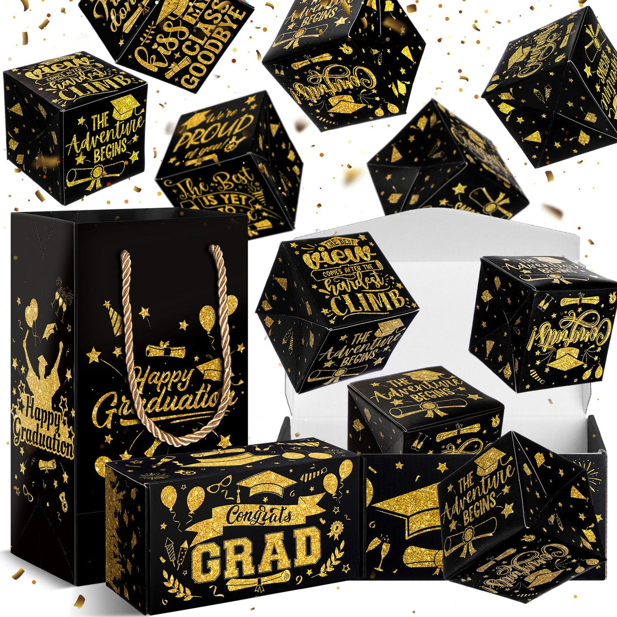 Tenceur 14 Pcs 2026 Graduation Explosion Gift Boxes 12 Bounces Exploding Money Box DIY Congrats Grad Folding Bouncing Gift Box Money Cash Explosion Gift Box for Grad College Party Favors(Black Gold)