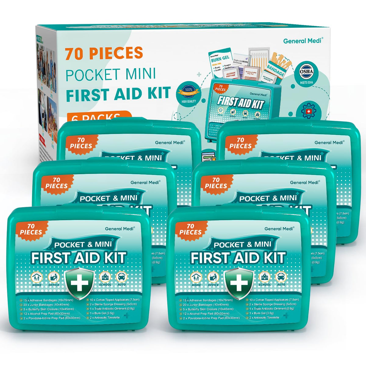 General Medi 420 Piece First Aid Kit, 6 Individual Boxes of 70 Items Each - Contains Premium Medical Supplies for Travel, Home, Office, Vehicle, Camping, Workplace & Outdoor (420 pcs, 6 Pack)