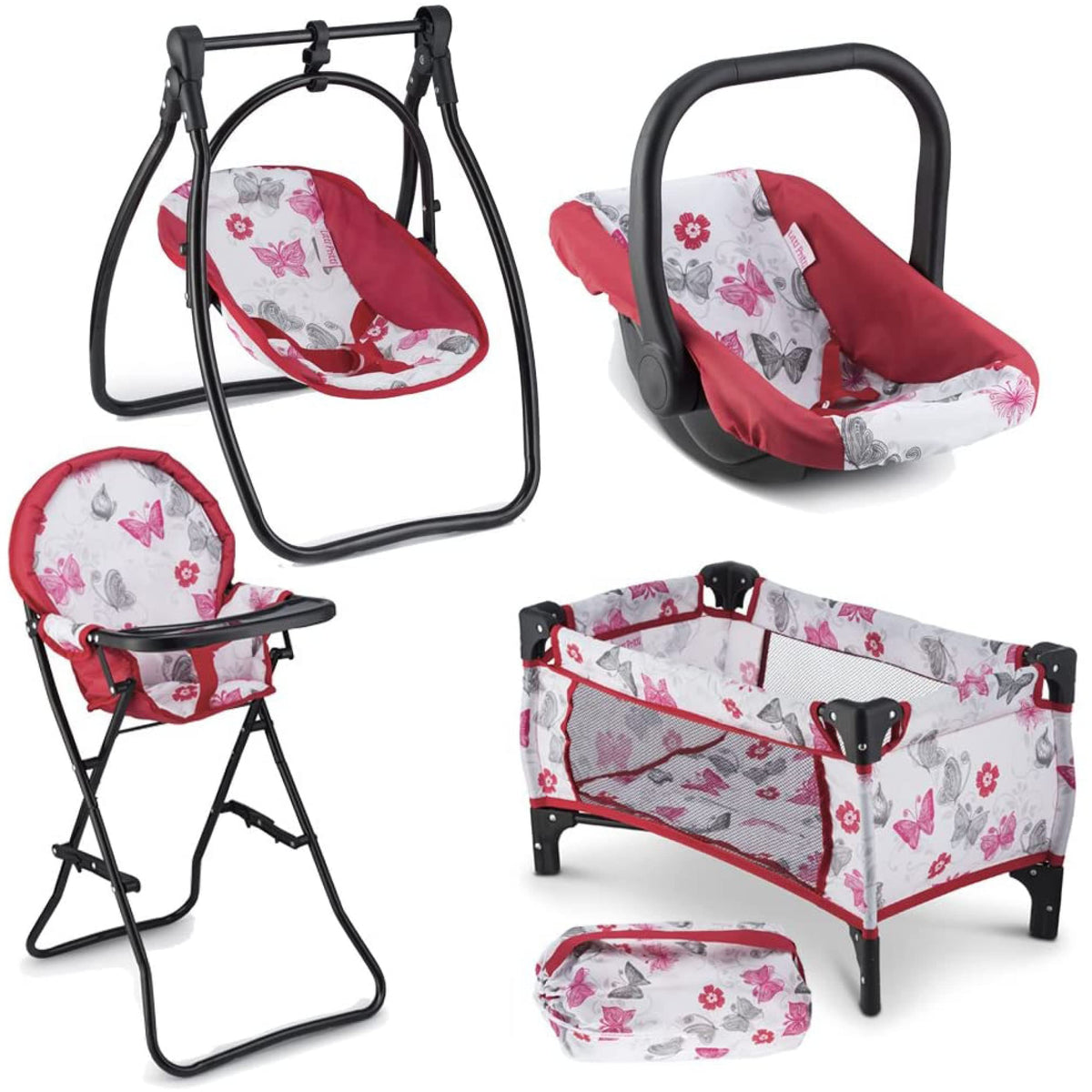 18-Inch Baby Doll Nursery Playset by Litti - Doll Accessories Set with Swing, Crib, High Chair, and Carrier - Realistic Toy Furniture for Imaginative Play - Gift for Kids Ages 3 Up