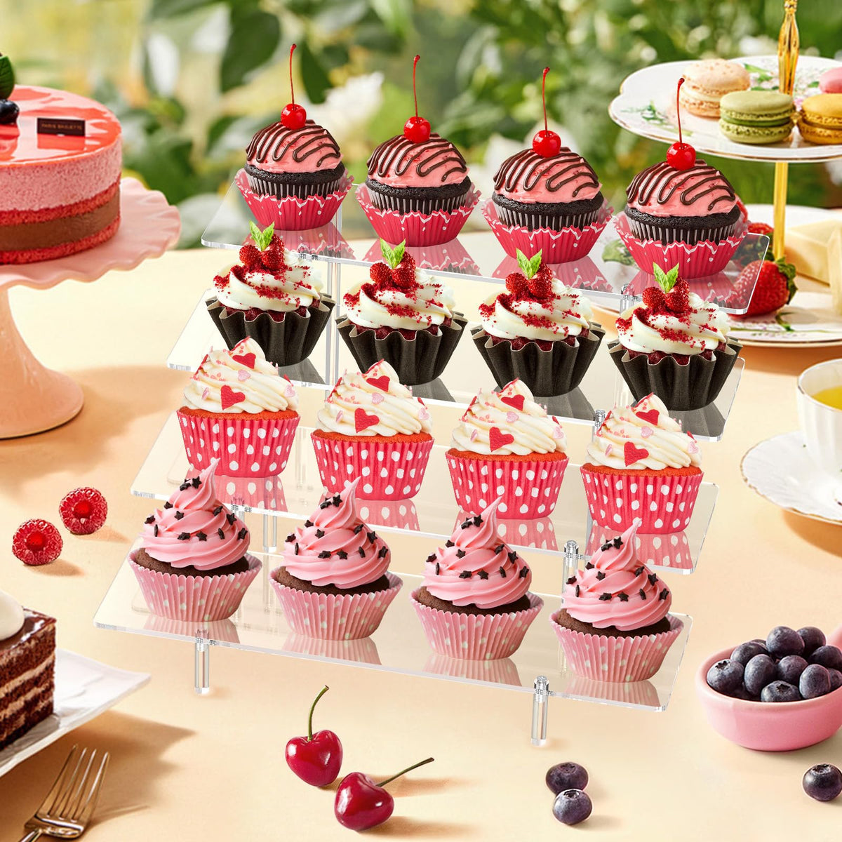 Acrylic Display Riser Stand Shelf Clear 4 Tier Cupcake Stand Perfume Display Holder Figures Desktop Decoration and Organizer Showcase Toys Retail Display Rack Candy Dessert Buffet 4 Steps Collection (2 PACKS)