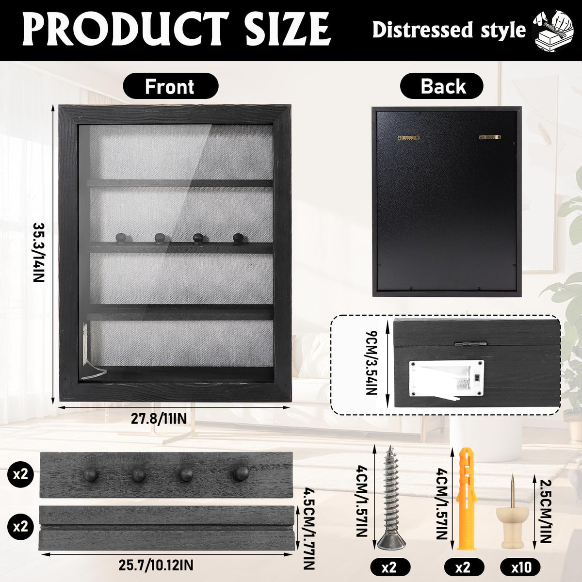 Shadow Box 14x11 Black Picture Frames Display Cases with LED Light,Memory Keepsakes Boxes with 4 Removable Trinket Shelf,for Anniversary Wedding Baby Graduates Memorial Collect-Distressed Retro