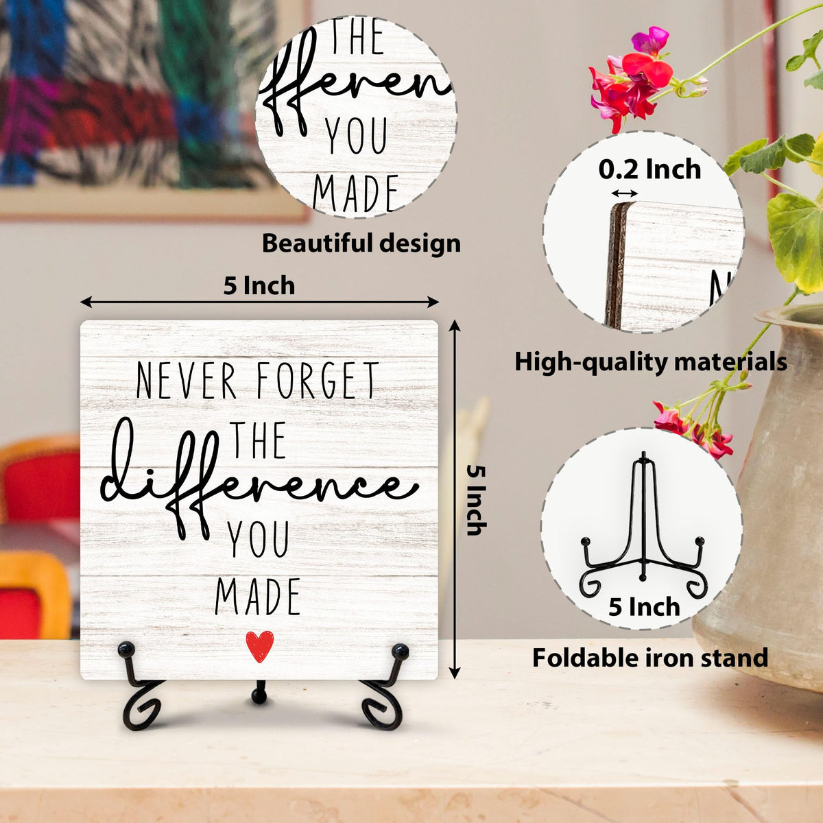 Inspirational Office Gifts for Women, Difference Maker Desk Decor, Never Forget The Difference You Made Wooden Sign, Birthday Gifts for Men Friends Coworkers, Motivational Office Decor, 5"x5"-A16