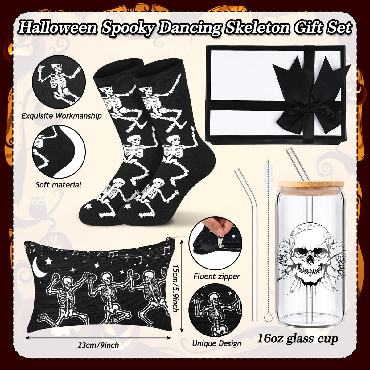 Skylety Goth Dancing Skeleton Gift Box of 4 Include 16oz Goth Glass Cup Gothic Stuff Spooky Sock Makeup Bag Spooky Gift Baskets for Xmas Holiday Women Gothic Lovers Stuff