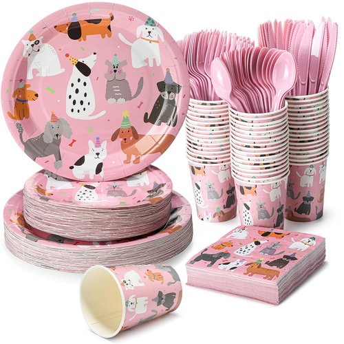 Jinei 350 Pcs Dog Birthday Party Supplies Pink Dog Tableware Set Serves 50 Guests Puppy Birthday Decorations Includes Pink Puppy Plates Cups Napkins Forks Knives Spoons for Party Supplies