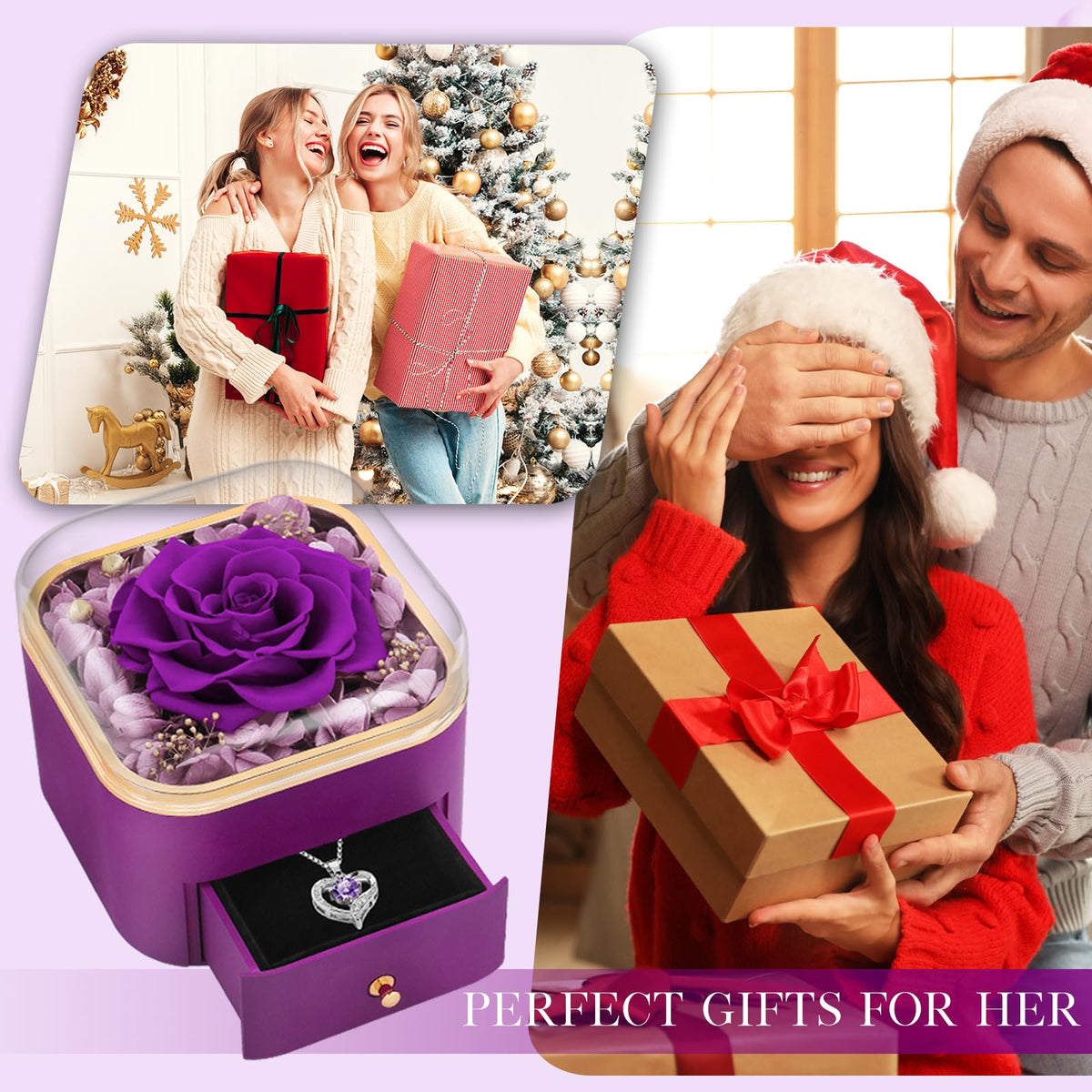 Beferr Birthday Gifts for Women Preserved Real Rose with Necklace Eternal Purple Roses Forever Flowers for Delivery Anniversary Mothers Day Flower Gifts for Mom Wife Grandma Daughter Her Girlfriend