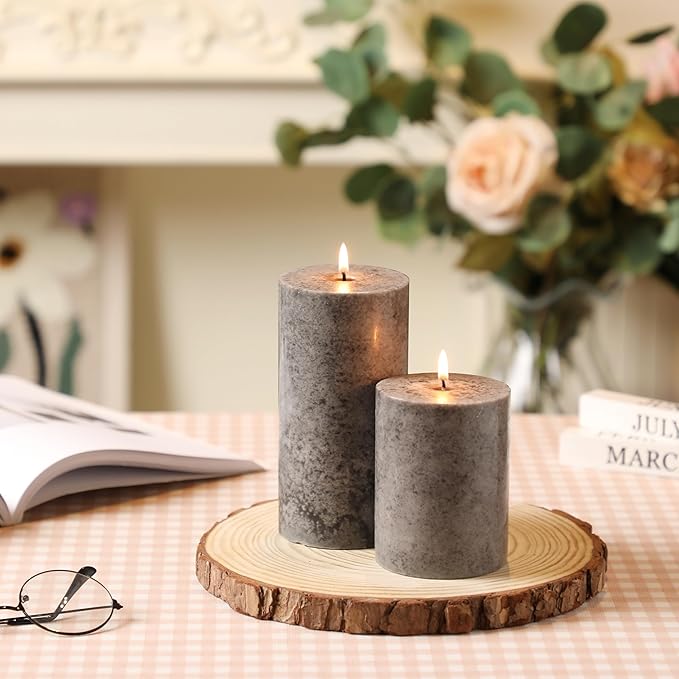 3x6 inch Grey Pillar Candles Set of 3, Unscented Pillar Candle, Dripless and Smokeless Large Candles, Candle for Home Decor, Dinner Table,Weddings, Holidays