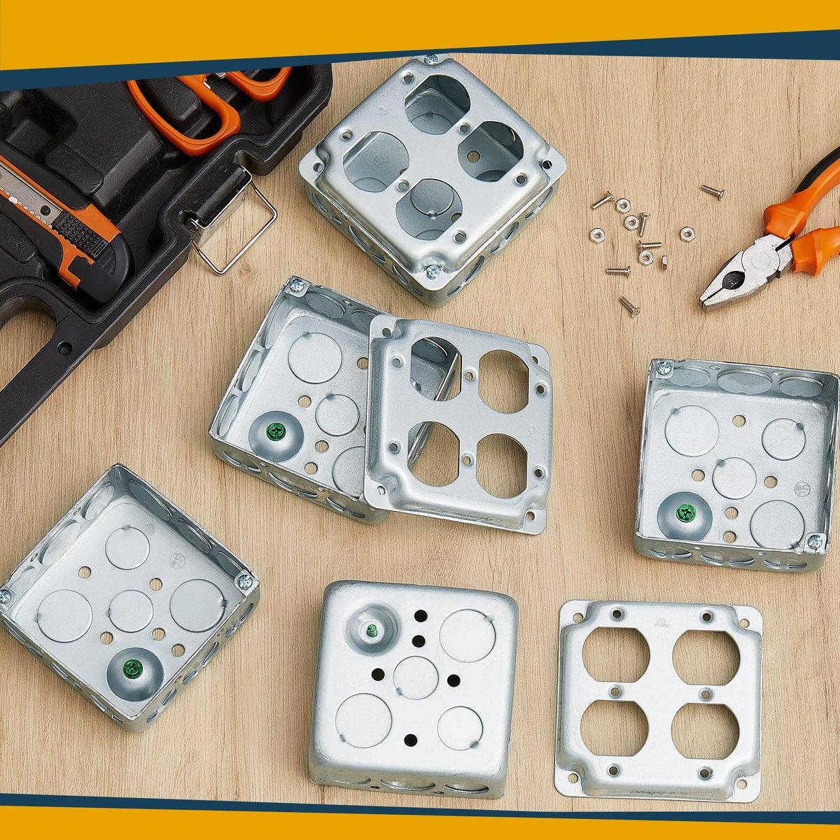 Copkim 8 Set 4 × 4" Electrical Junction Box with Cover Electrical Metal Outlet Box, 21.0 Cu. in. Capacity Receptacle Exposed Work Cover, 1-1/2'' Deep (Double Duplex Receptacle)