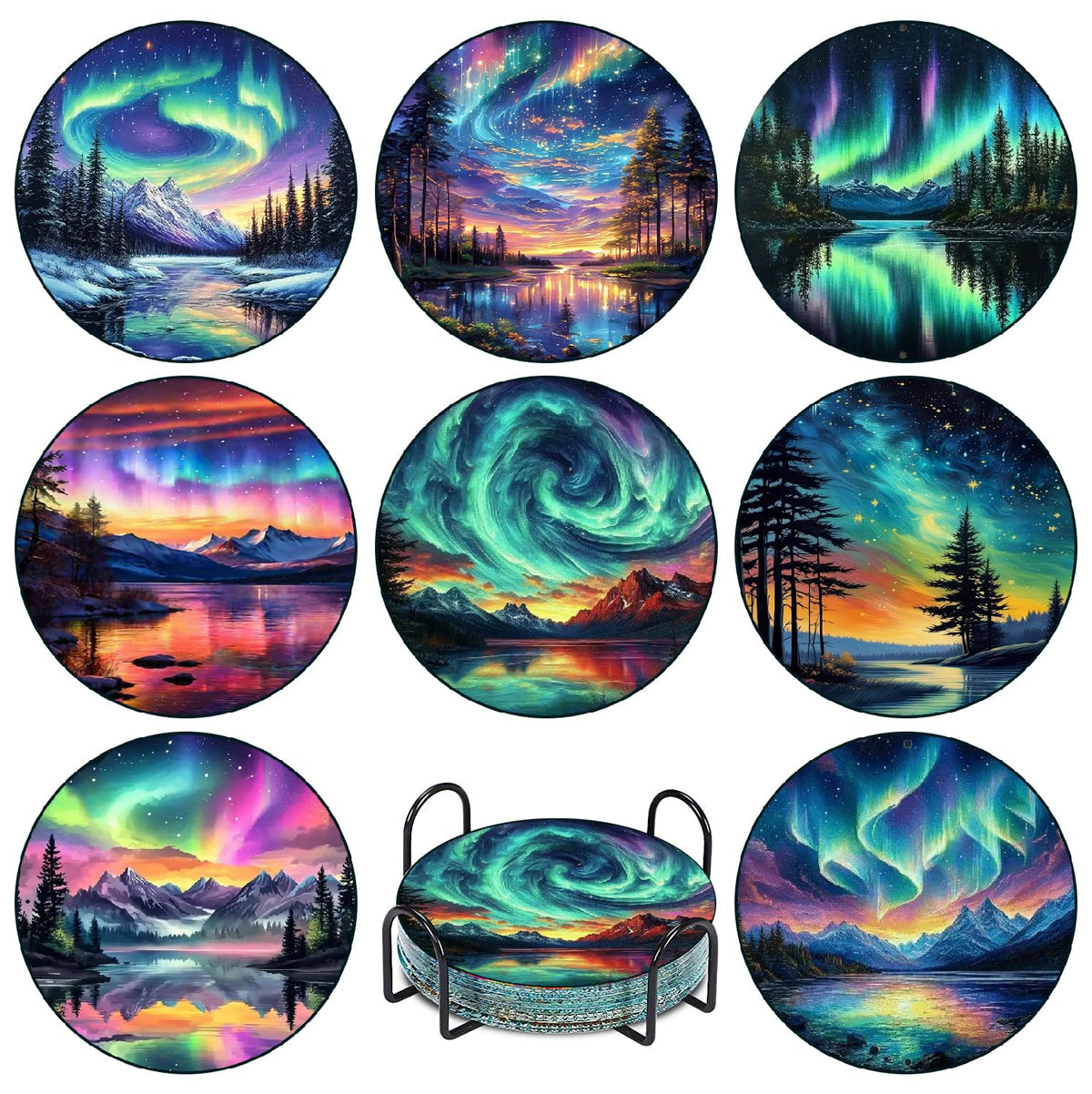 8 Pcs Aurora Diamond Art Coasters Kits with Holder, Landscape Diamond Painting Coasters Kits for Adults, DIY 5D Nature Scenery Diamond Dots Small Mini Kit Full Drill Art Craft Supplies 4X4 Inch