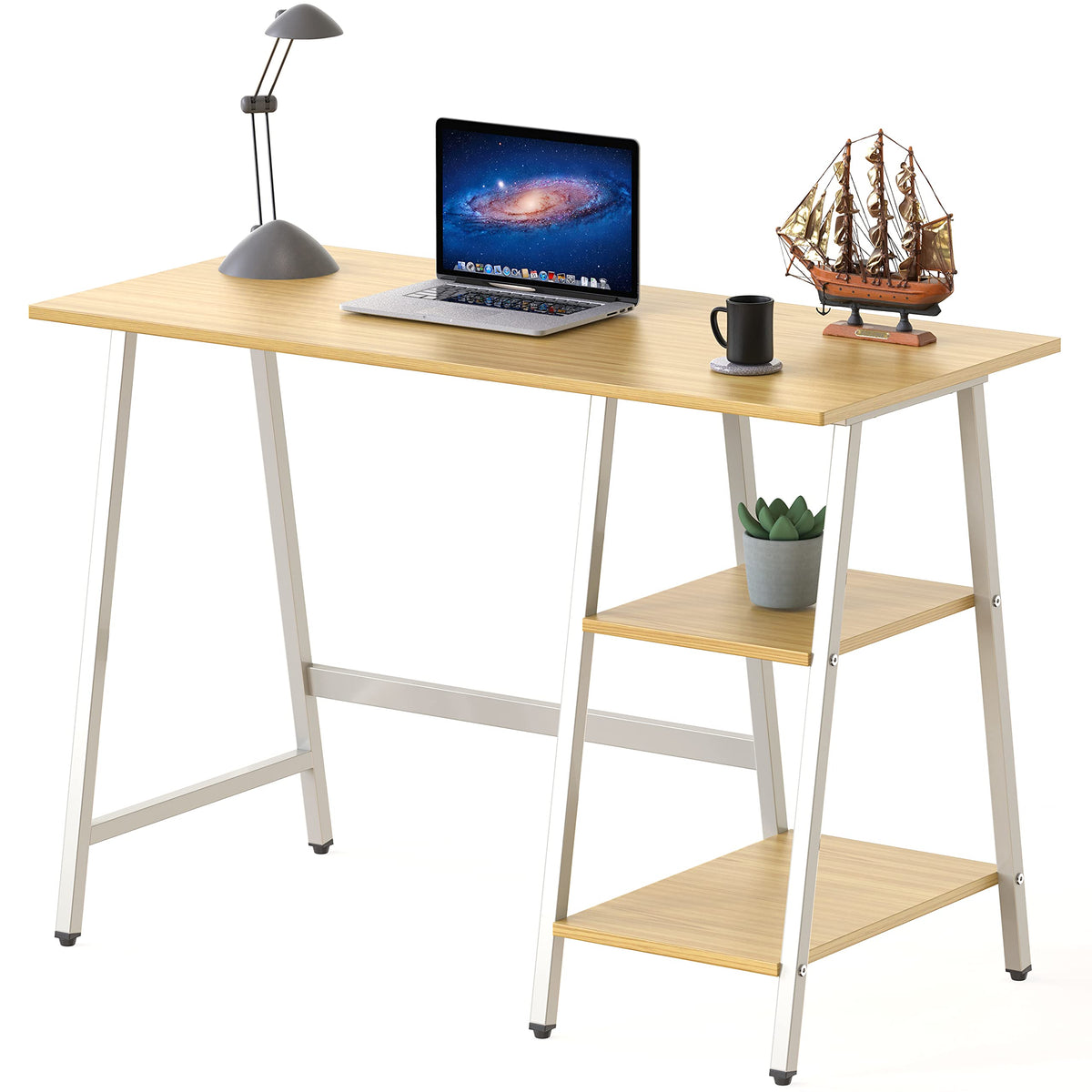 SHW 43-Inch Home Office Trestle Computer Desk with Open Storage Shelves, Oak