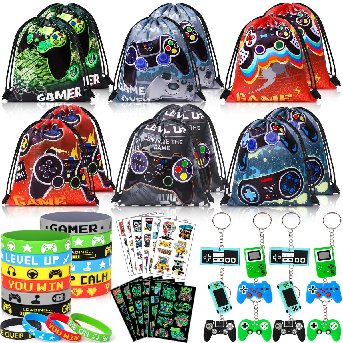 Winrayk 12 Sets Video Game Party Favors Gamer Birthday Supplies, Gaming Drawstring Bag Silicone Wristband Glow In The Dark Tattoos Keychain, Kid Game On Goodie Bag Stuffers Gamer Party favors Supplies
